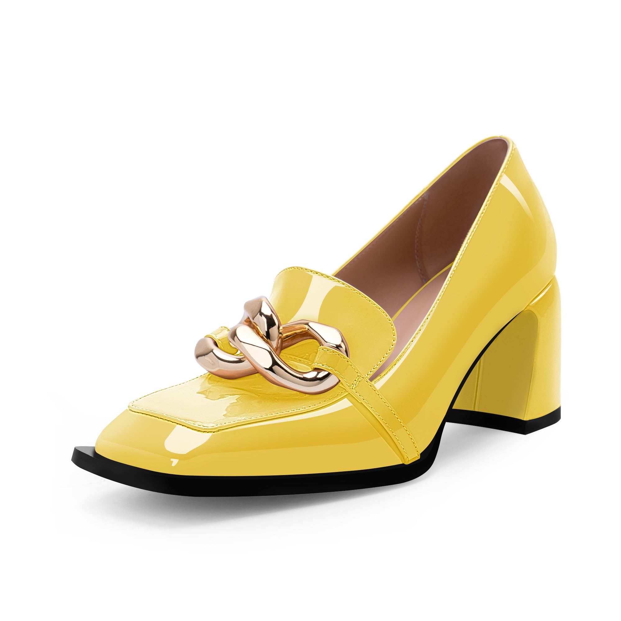 Odetina Women's Square Toe Slip On Metal Chain Pumps Chunky Heel Patent Leather Dress Shoes