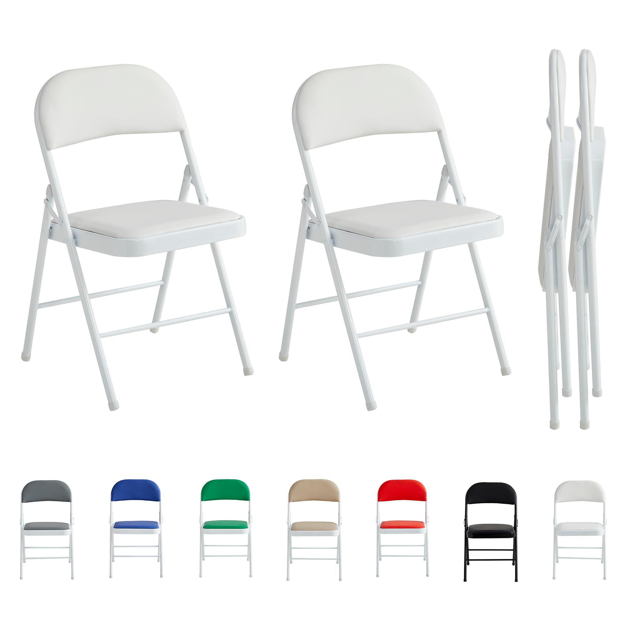 mcc direct Folding Chairs, Faux Leather Foldable Chairs with Metal Frame and Padded Seat, Easy to Fold and Store for Home, Office, Dining and Reception (2, White)