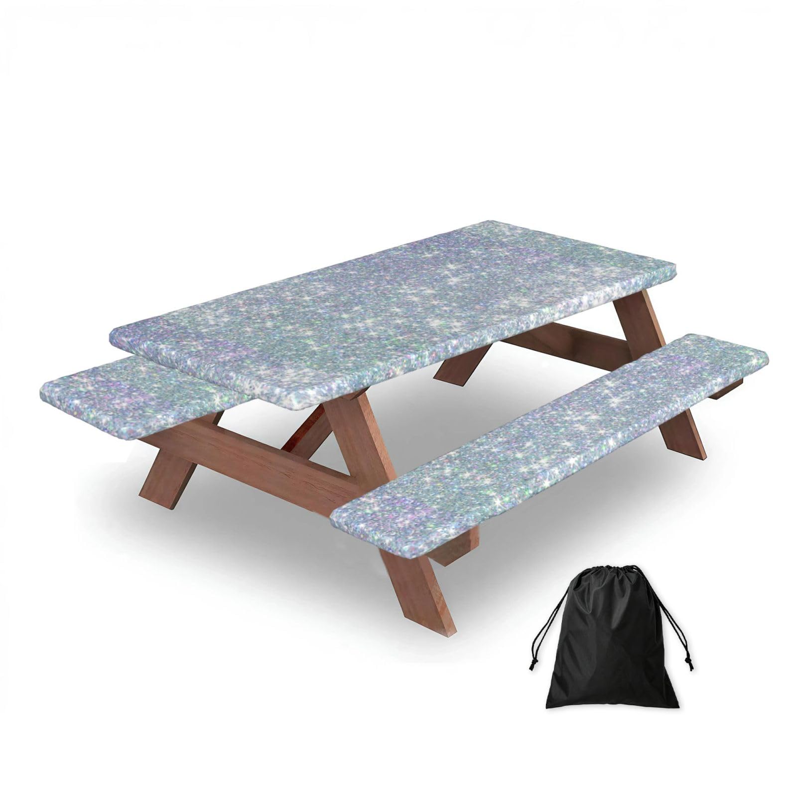 Dopklna As Picture Bling Silver Printed Glitter, Picnic Table Cover With Bench Covers -Waterproof Elastic Fitted Tablecloth For Garden Camping Patio 76X152cm