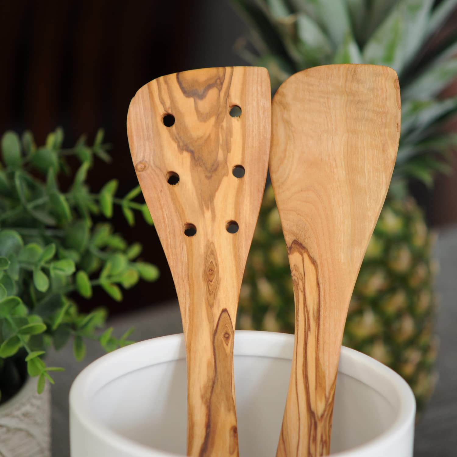 BeldiNest Drewno oliwkowe 30 cm przestrzenne zestaw 2 drewnianych narzędzi kuchennych, ręcznie rzeźbionych przyborów w zestawie: drewniane przebijane szpatułki, drewniana szpatułka | zestaw narzędzi kuchennych z drewna oliwkowego