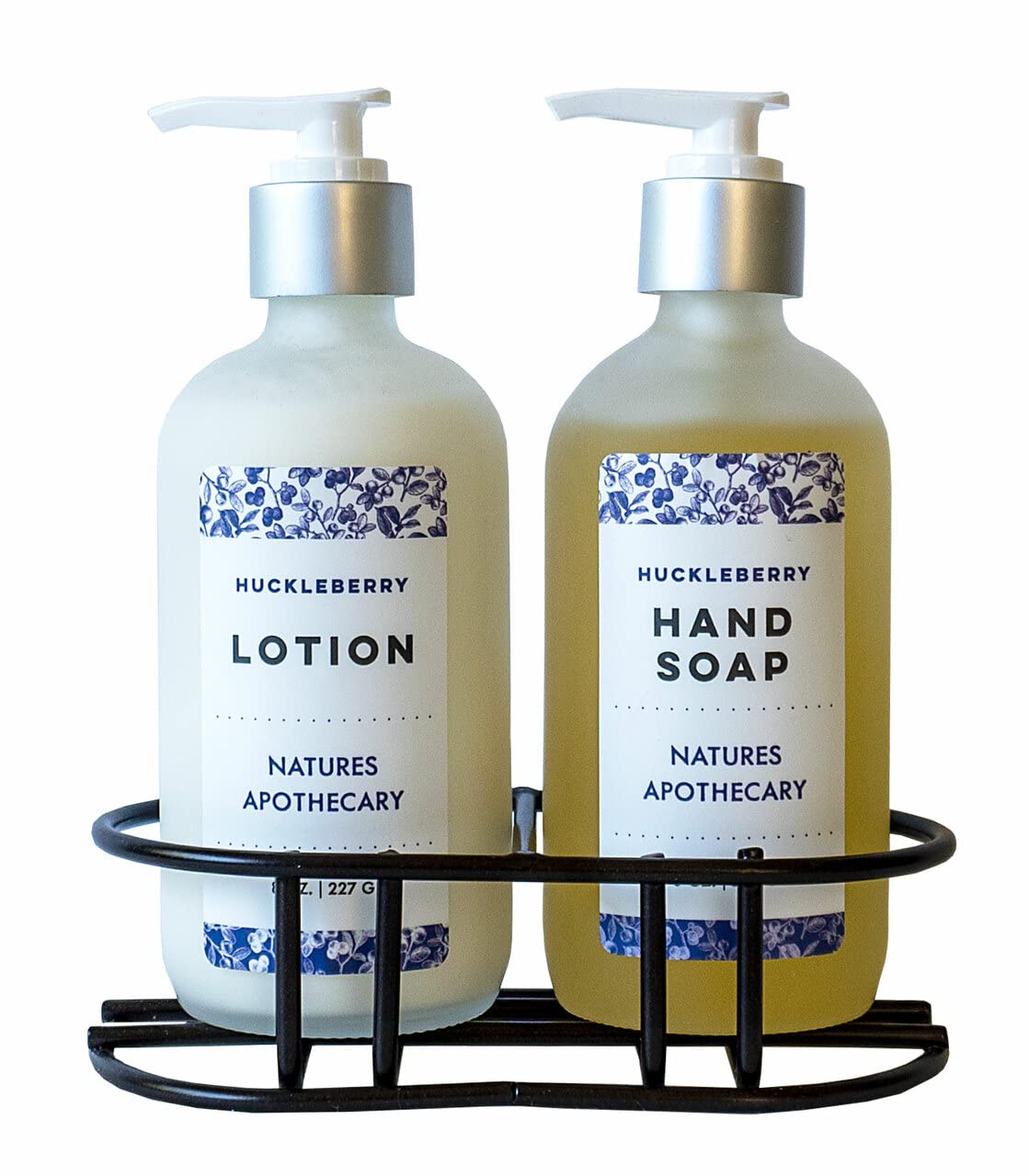 Huckleberry Eco-Friendly Refillable Liquid Soap - Vegan, Sulfate-Free, Hypoallergenic, All-Natural, Plant-Derived, Made in USA by DAYSPA Body Basics, Lotion & Soap Set with Metal Holder