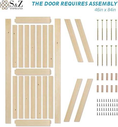 Miniatura 55 de S&Z TOPHAND 48" x 80", Puerta estilo granero British Brace de madera nudosa, sin terminar, con kit de herrajes para puerta corredera de 8', madera