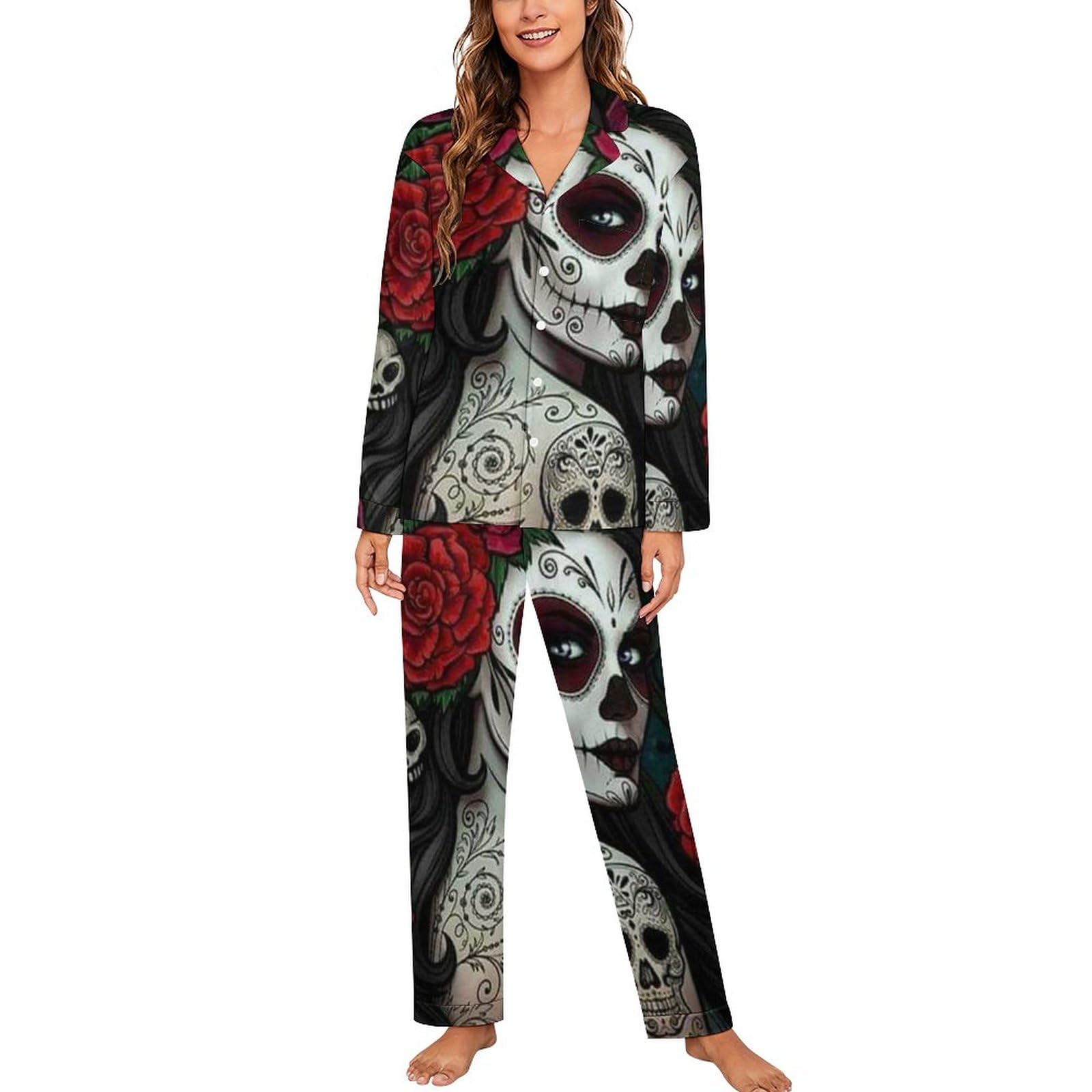 Day of The Dead Floral Skull Goth Womens Pyjamas Set Long Sleeve Pjs Sets Pajama Sets Sleepwear Loungewear M