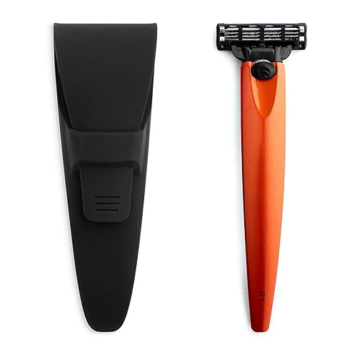 Bolin Webb R1 - Estuche de viaje de silicona y maquinilla de afeitar en naranja quemado, mango ergonómico equipado con cartucho de 3 cuchillas de