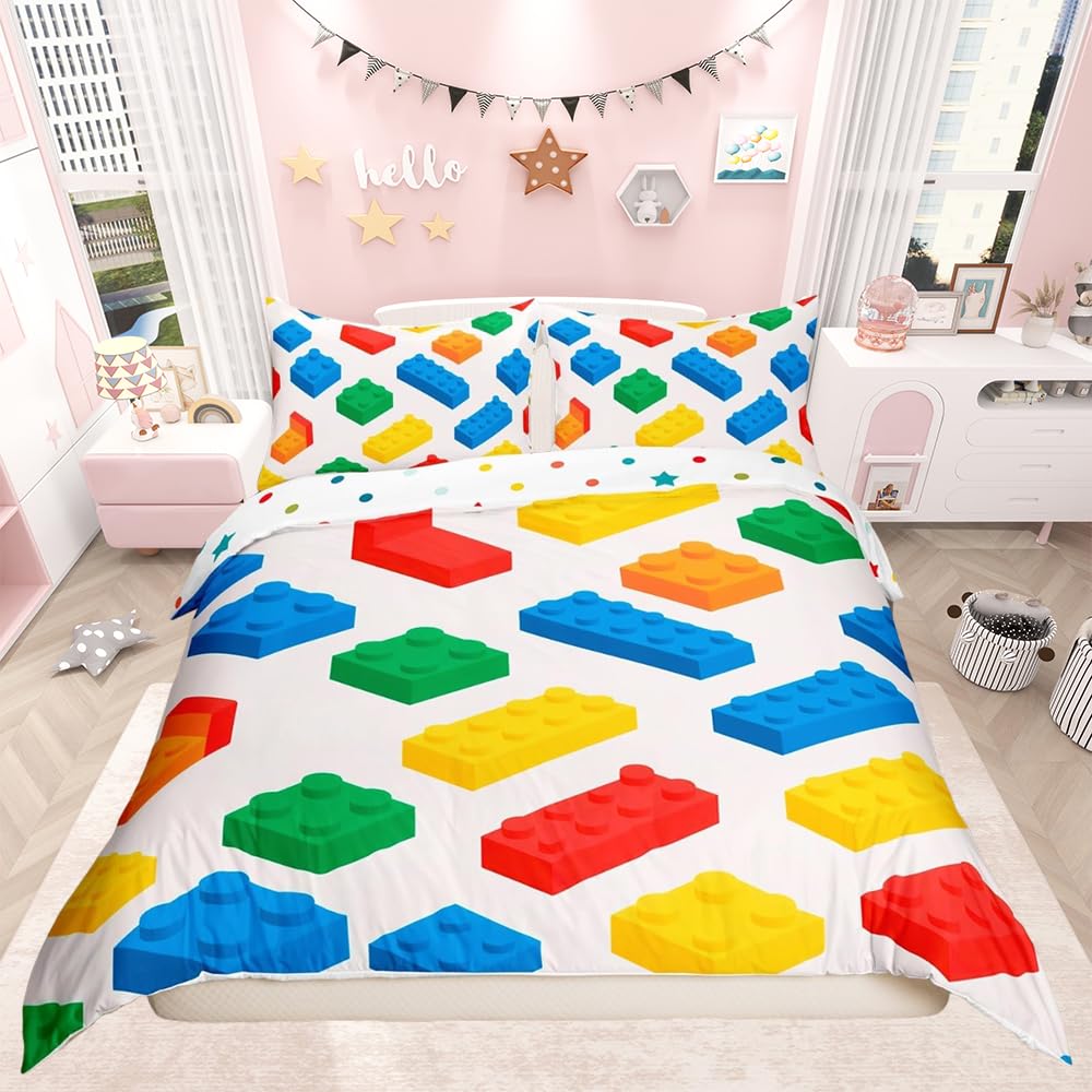 richhome Building Blocks Gaming Duvet Cover for Kids Boys Girls Teens Room Decor Toy Brick Bedding Set Double Size Colorful Comforter Cover Set 3Pcs Zipper
