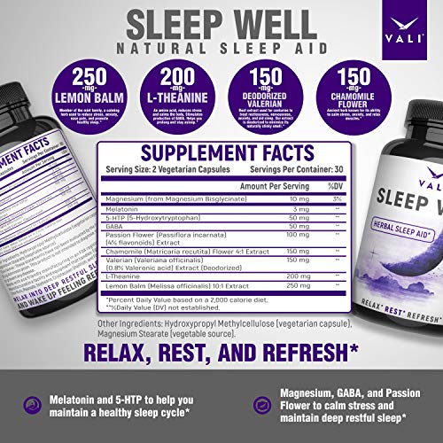 Sleep Well Natural Sleep Aid Supplement - Vegan Non Habit Forming Herbal Sleeping Pills for Adults. Calm, Relax Fast, Support Rest & Wake Refreshed. Melatonin, Valerian, Chamomile - 60 Veggie Capsules