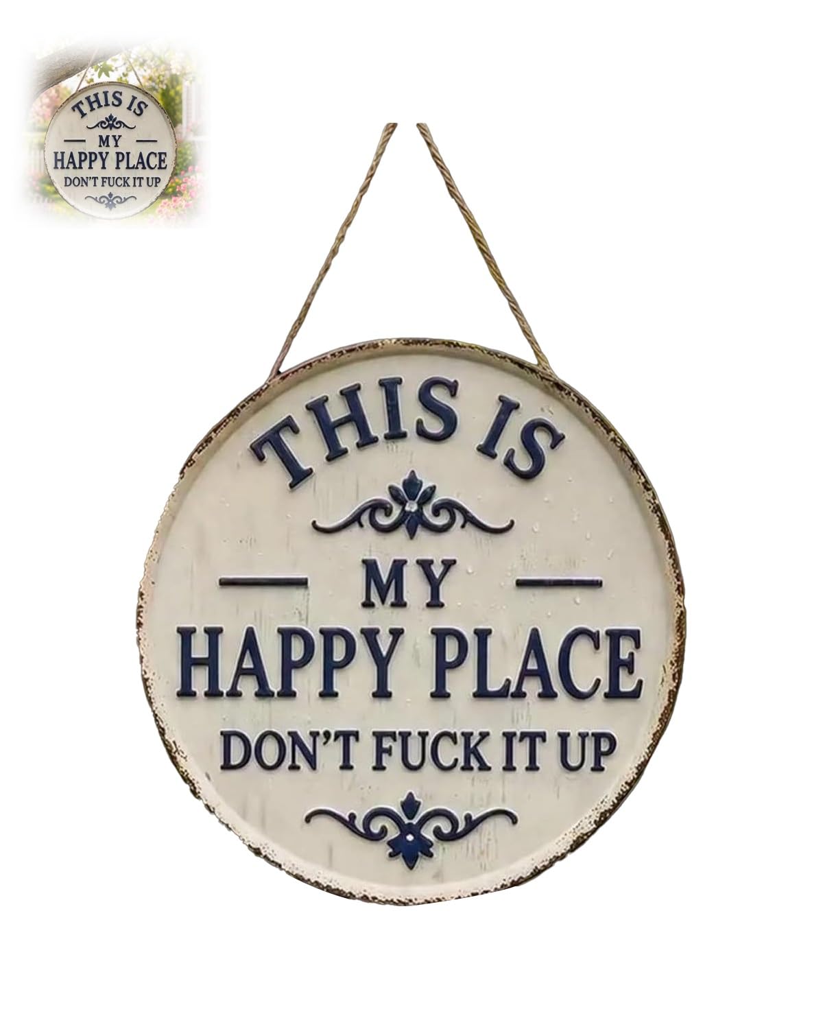 This Is My Happy Place Door Sign Funny Metal Sign Vintage Tin Plaque Dont F*ck It Up Garden Sign Retro Wall Decor for Patio Outdoor Home Bar Humorous Housewarming Gift Rustic Welcome Sign(1pc,12in) - 1