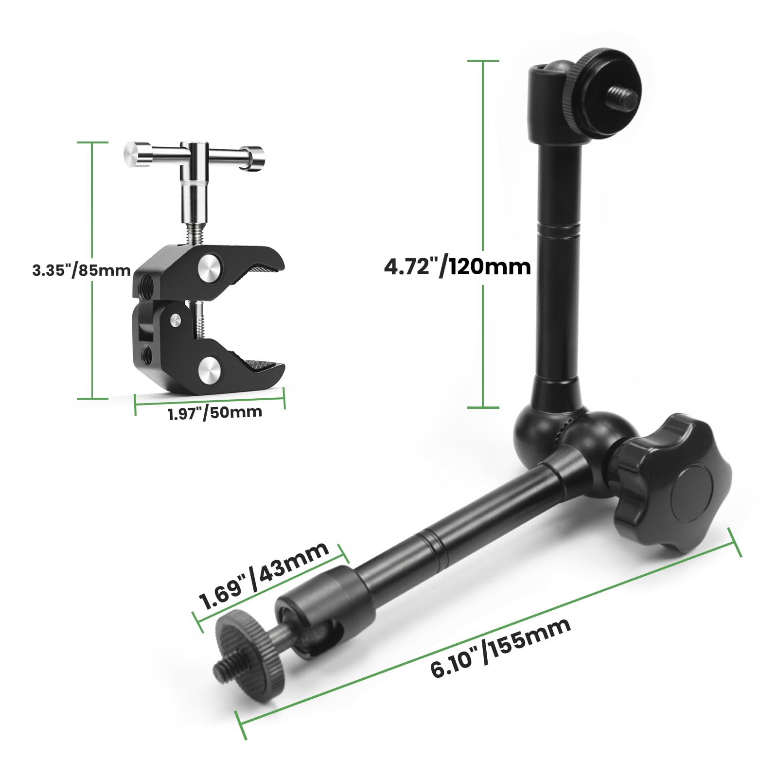 MOKOSE Brazo articulado mágico ajustable y superabrazaderas con rosca de 1/4 y 3/8 pulgadas para cámaras, monitores LCD/LED, cámara web