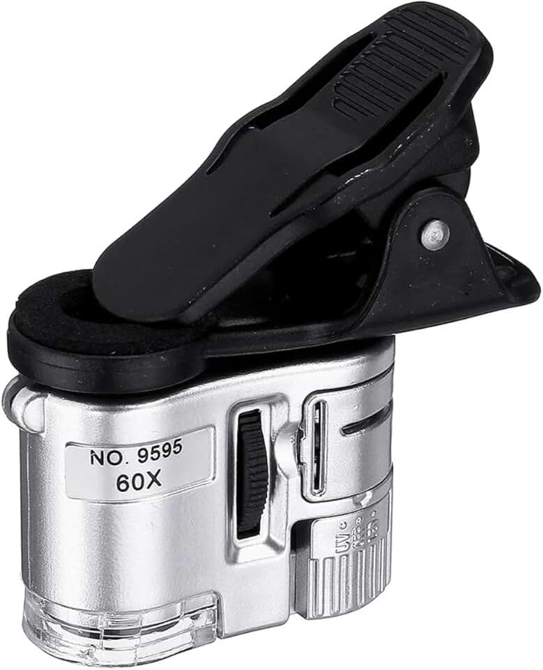 Mini Microscópio Lupa 60X para Celular com Clip Universal LED Lente Macro Portátil Alta Ampliação para Smartphone Ideal para Joias Eletrônicos Colecionáveis Insetos e Observação de Detalhes PREMIUM