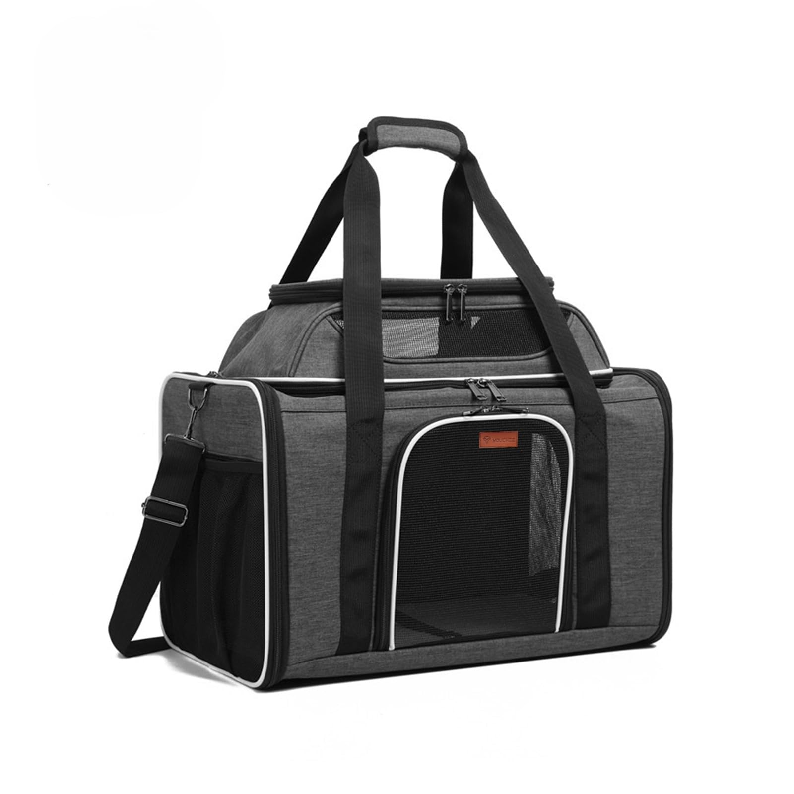 19" Large Pet Carrier for Cats & Small Dogs up to 25 lbs, Airline Approved Soft-Sided Dog Travel Bag, Top Expandable with Breathable Mesh, Washable Liner & Safety Tether. (Grey)