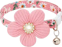 Coleira Floral Luxo com Flor e Sino para Gatos ou Cachorros Pequenos – Algodão Confortável, Fivela Breakaway, Ajustável, Rosa, Charmosa