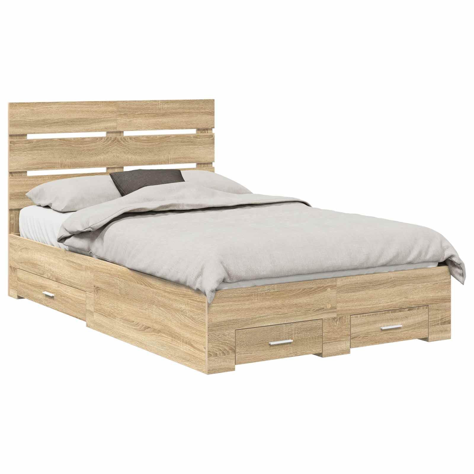 Telaio letto con testiera in rovere Sonoma 120 x 200 cm, in legno di legno, design moderno per camera da letto, cassetti inclusi, telaio durevole