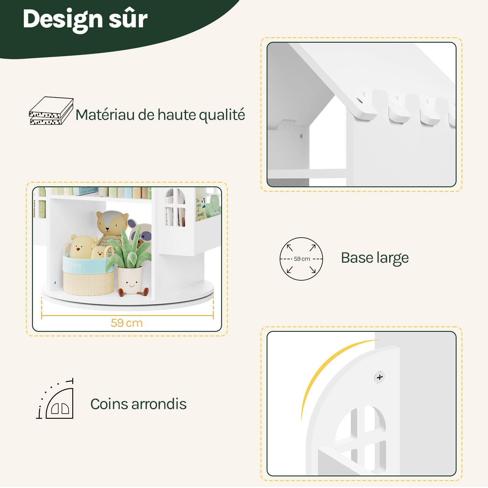WOLTU Bibliothèque pour Enfants, Étagère Rotative à 4 Niveaux, Meuble de Rangement pour Jouets avec 13 Compartiments, Bibliothèque Blanche en Forme de Maison, 63x59x125cm