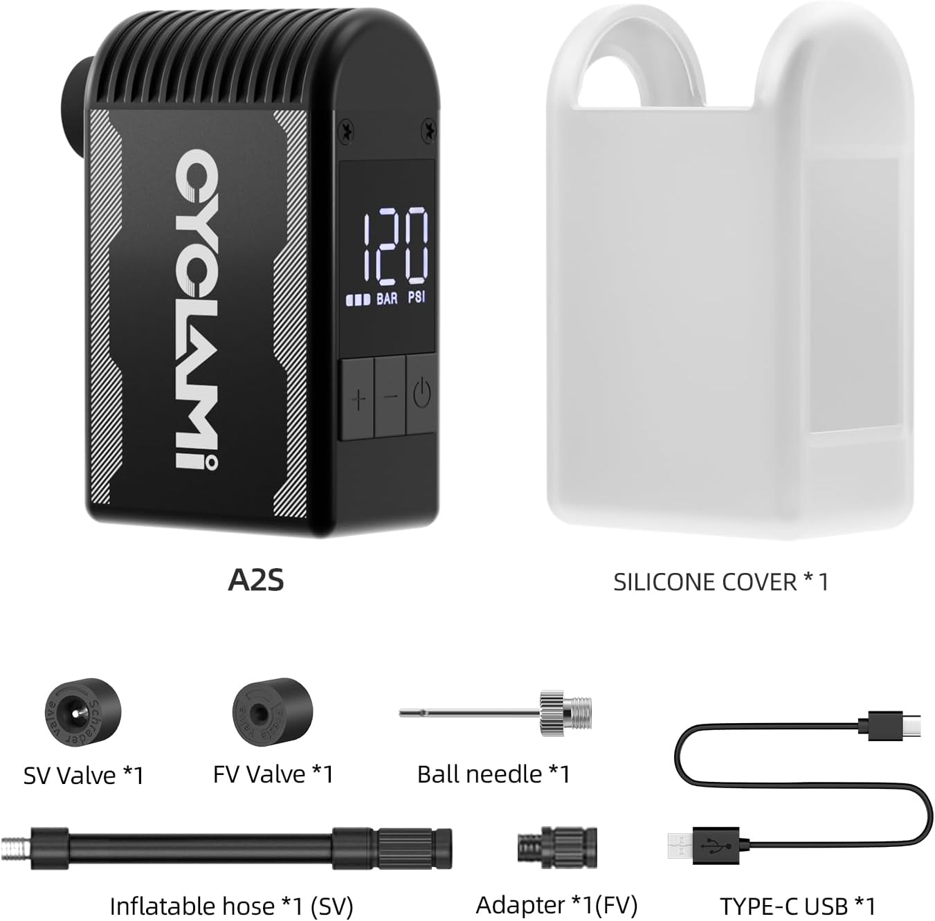 Contents of the CYCLAMI A2S Mini Electric Bicycle Air Pump package, including the pump, silicone cover, various valve adapters, ball needle, inflatable hose, and USB-C cable.