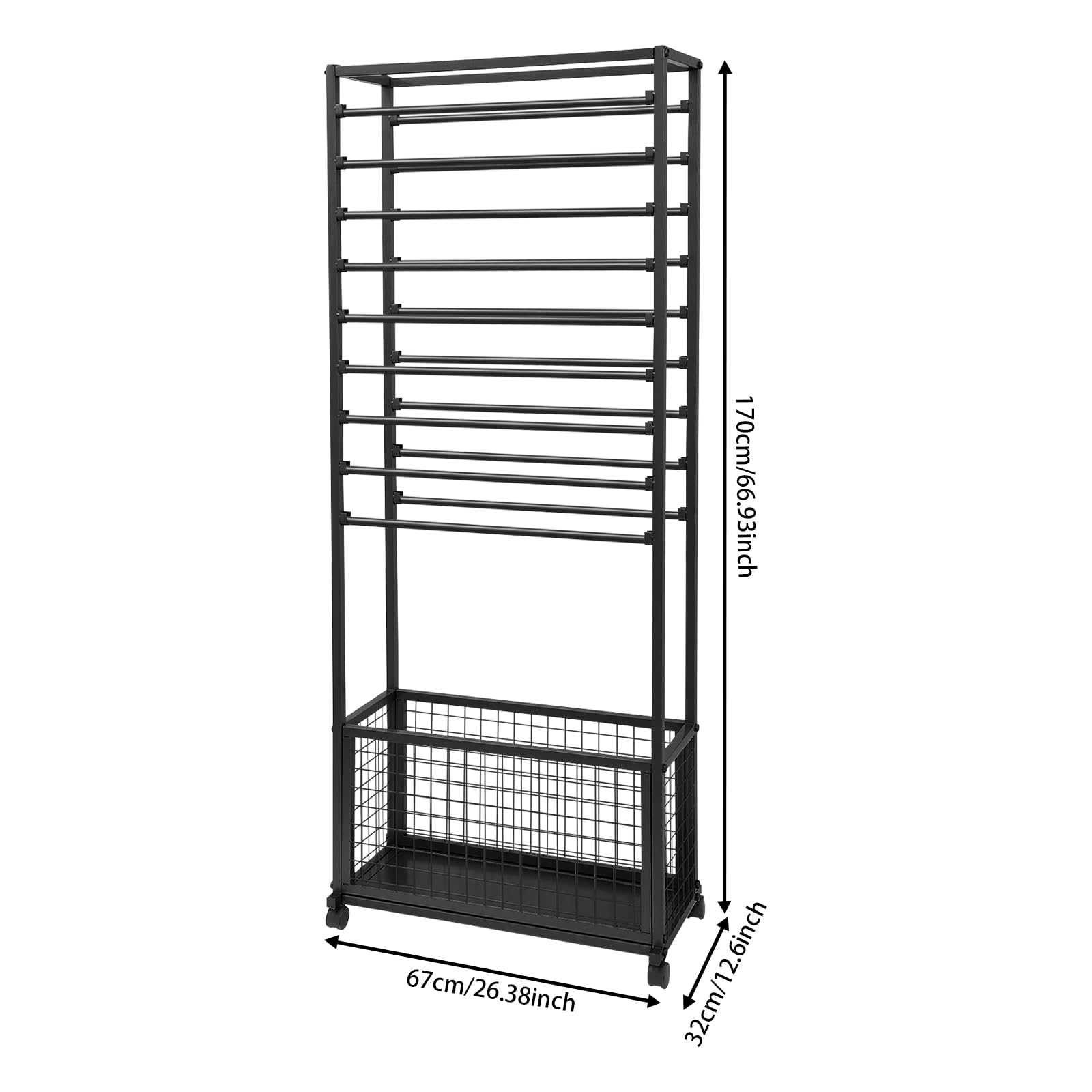 Double-Sided Ribbon Holder Organizer Rack, Metal Large Capacity Ribbon Stand with Wheels, Removable Crossbars, Floral Wrapping Paper Stand Roll Display Rack for Craft Room, Clothing Stores, Florists