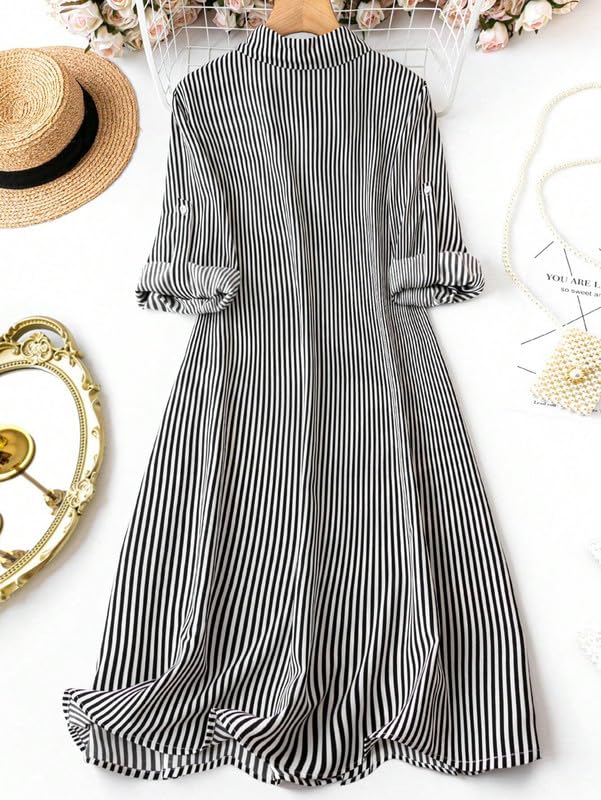 Image of Sheetal Associates Women's Black & White Vertical Striped Shirt Dress| Comfortable Relaxed Fit Summer Dress