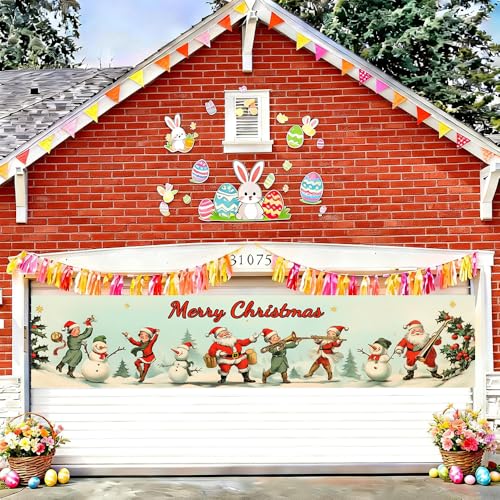 Image of Vintage Santa Music Band Banner 78.7 x 17.7 Inch Retro Holiday Scene with Santa and Snowmen Instruments Design Yard Garden Fence Porch Patio or Winter Celebration Display