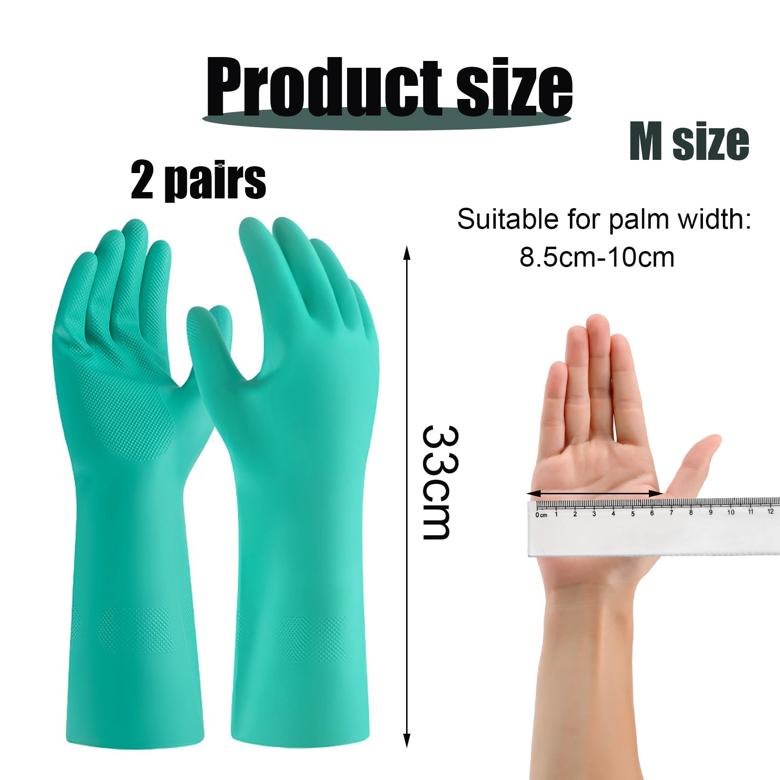 Gants Nitrile - 2 pairs - Résistants aux Produits Chimiques pour Travaux Ménagers et Industriels - Sans Latex, Imperméable, pour Nettoyage et Vaisselle