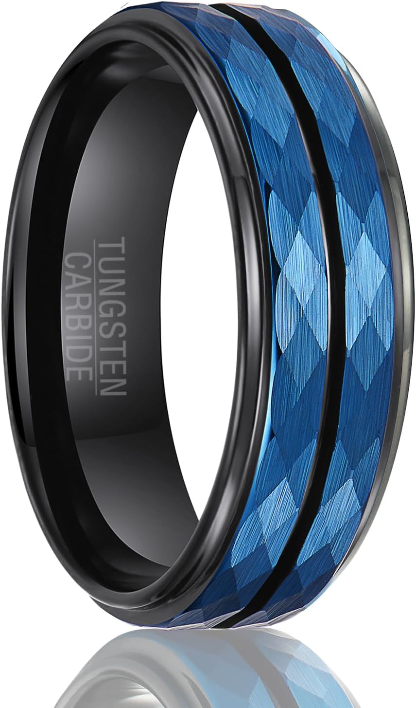 | Faceted Rail Band - 8mm Wide Black Tungsten Wedding Ring with Blue Texture