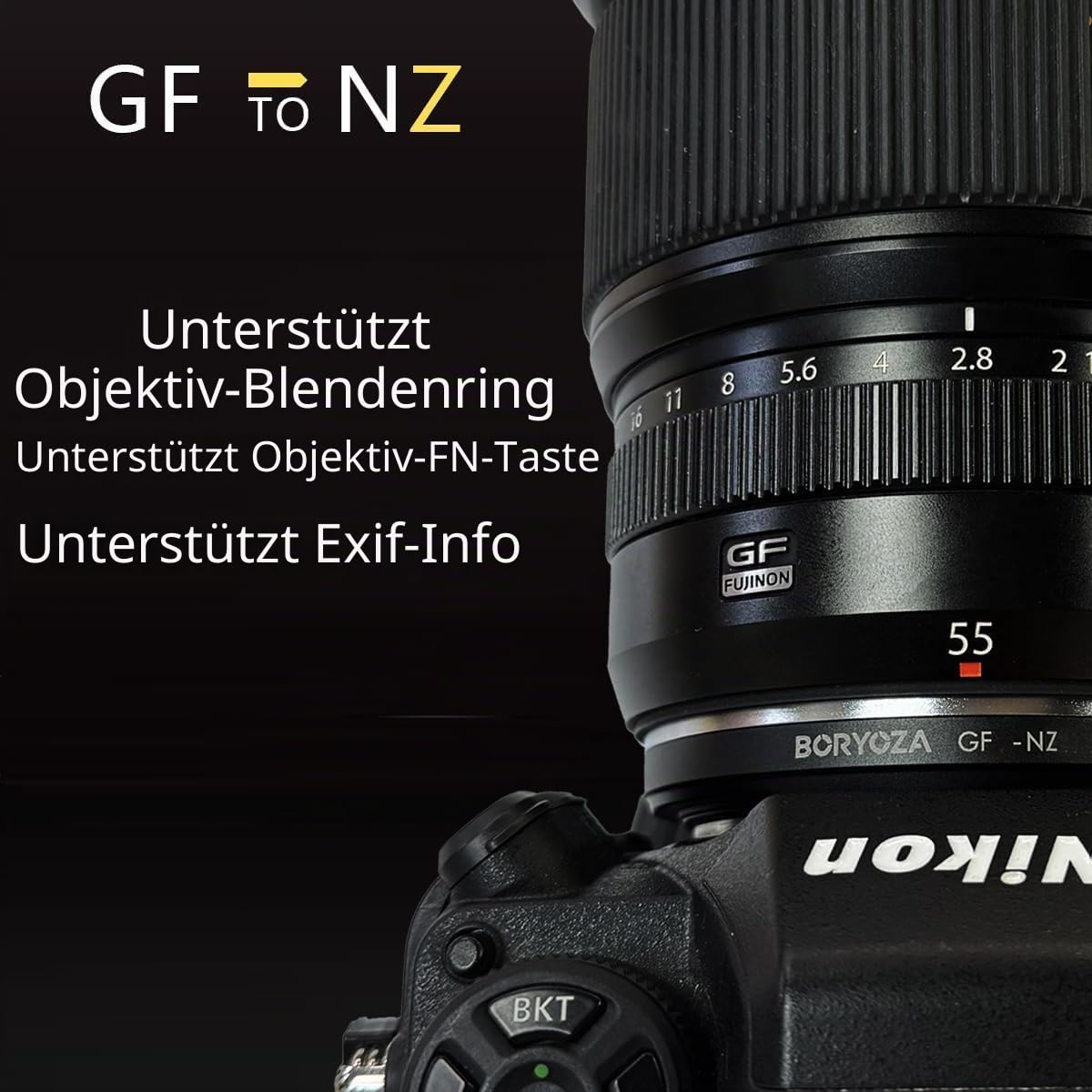 Boryoza GF-NZ Auto Foucs Objektiv Adapter Kompatibel mit Fujifilm GFX Mount Objektiv auf Nikon Z Mount Kamera Z9/Z8/ZF/ZFC/Z7III/Z7II/Z6III/Z6II/Z5/Z5II/Z50II/Z50/Z30