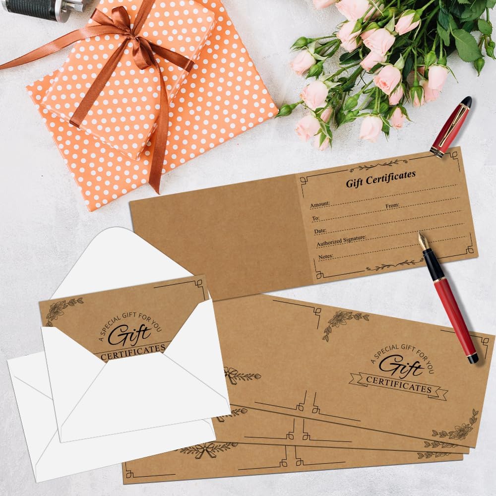 Gift Certificates, Blank Kraft Gift Certificates for Business, 50 Blank Gift Certificate with 50 Envelopes, Good for Gift, Beauty Salon, Restaurants and Birthday, 3.9x5.9inches - Image 4