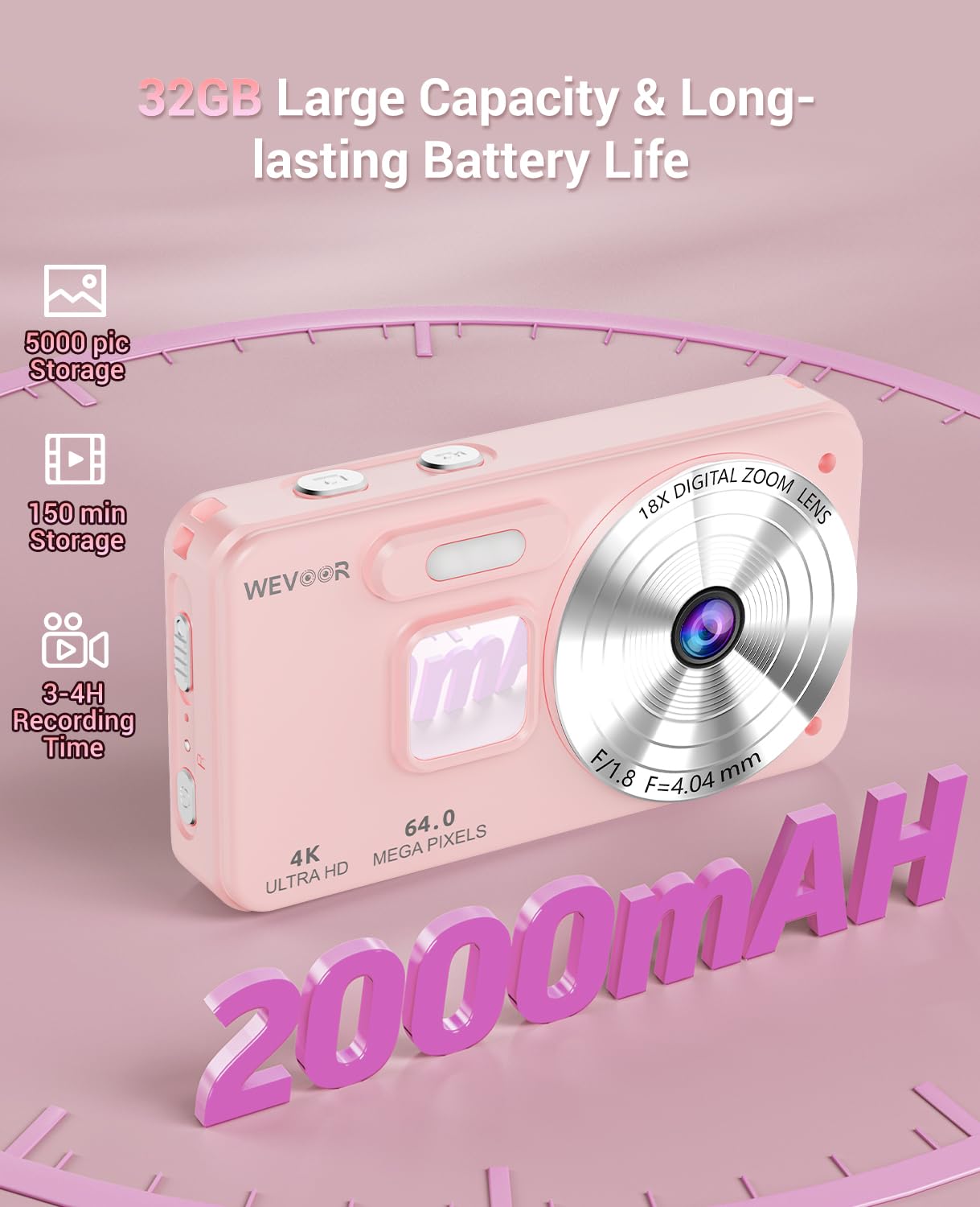 Macchina Fotografica Digitale 4K 64MP, Wevoor 32GB Fotocamera Digitale | Fotocamera Compatta, 2,8” Schermo, Zoom Digitale 18x, Batteria da 2000mAh per Principianti Bambini Adolescenti - Rosa