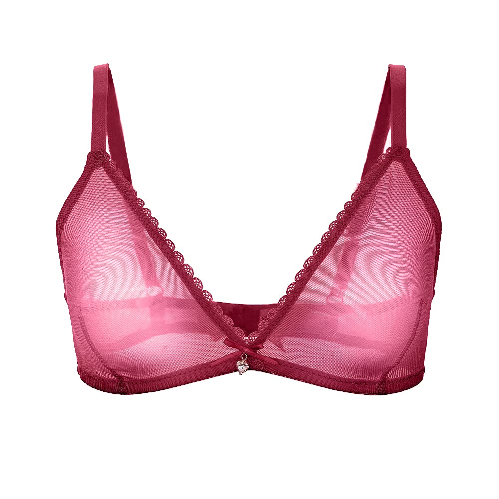 varsmiss Women Sheer Mesh Transparent Unlined Bra Sexy Wireless Underwear: Wireless 3 Pack: Wine Red+black+white Small