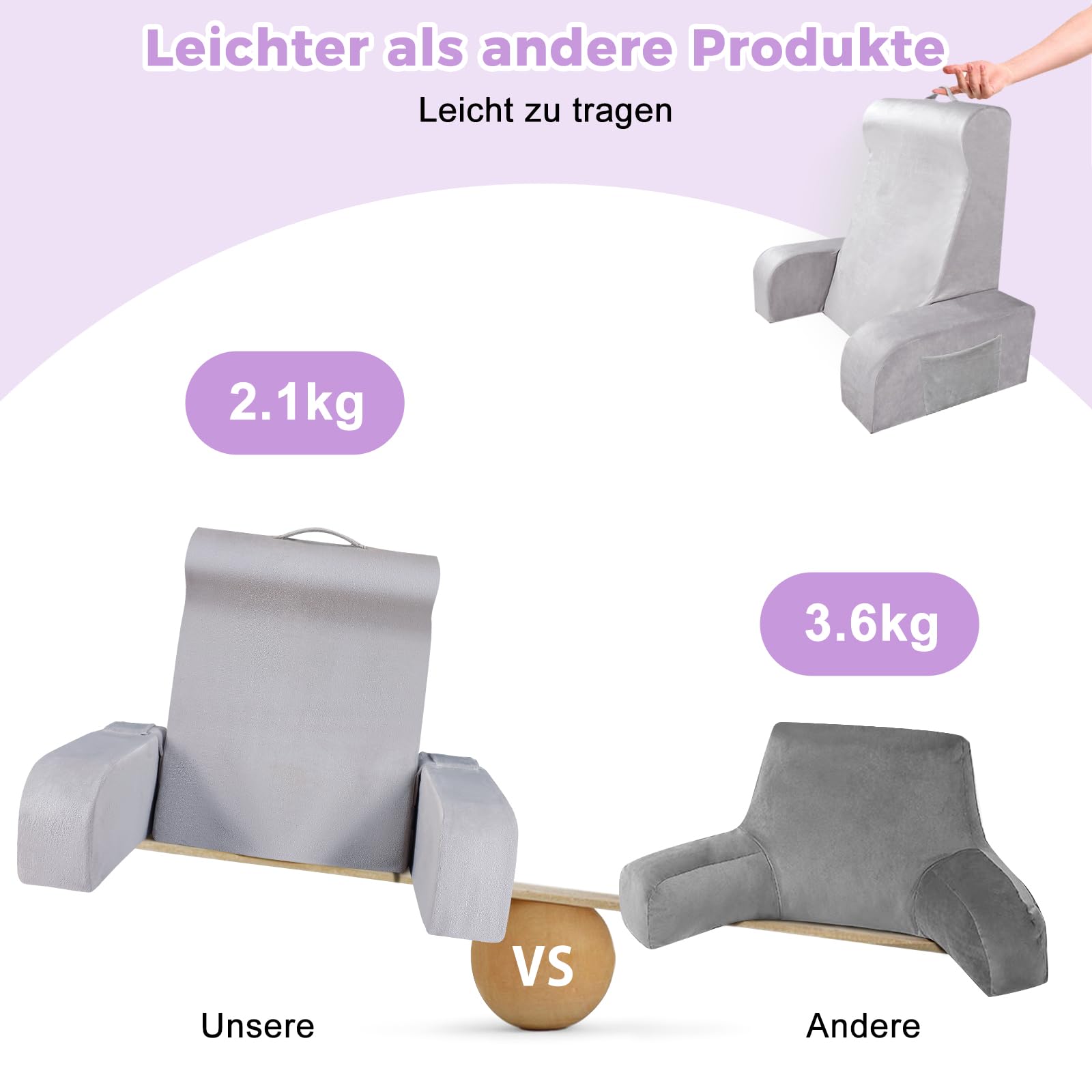 Babenest Lesekissen mit Abnehmbare Armlehnen, Komfortabel und Leicht Rückenkissen für Bett und Sofa, Sitzkissen Rückenlehne mit Waschbarer Samt zum Lesen, Gaming oder Fernsehen (L Band Modell)