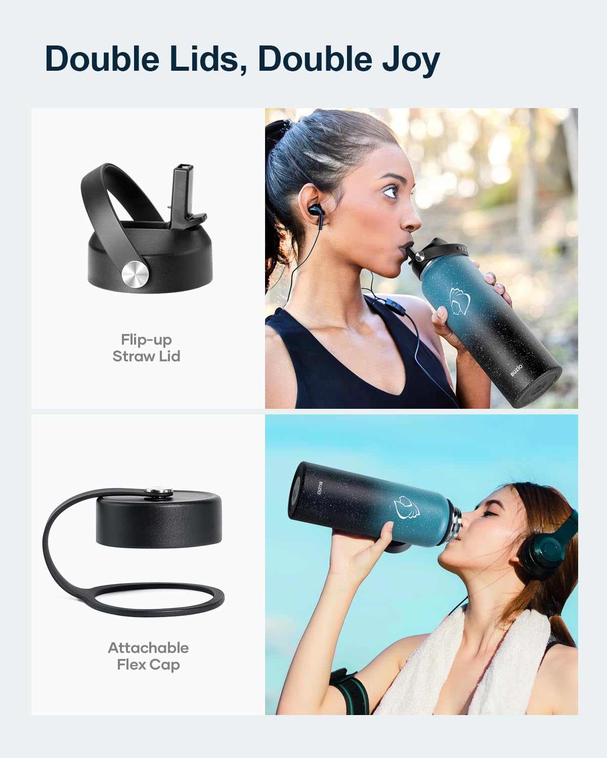Stainless Steel Water Bottle with Straw, BUZIO Insulated Water Bottle with Straw Lid and Flex Cap 1180 ml Cold for 48 Hrs - Image 3