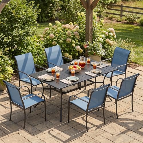Image of VICLLAX Patio Dining Set for 6, 7-piece Outdoor Dining Set - 59 inch Rectangle Patio Table and Chairs for Lawn Garden, Black Tabletop and Blue Fabric