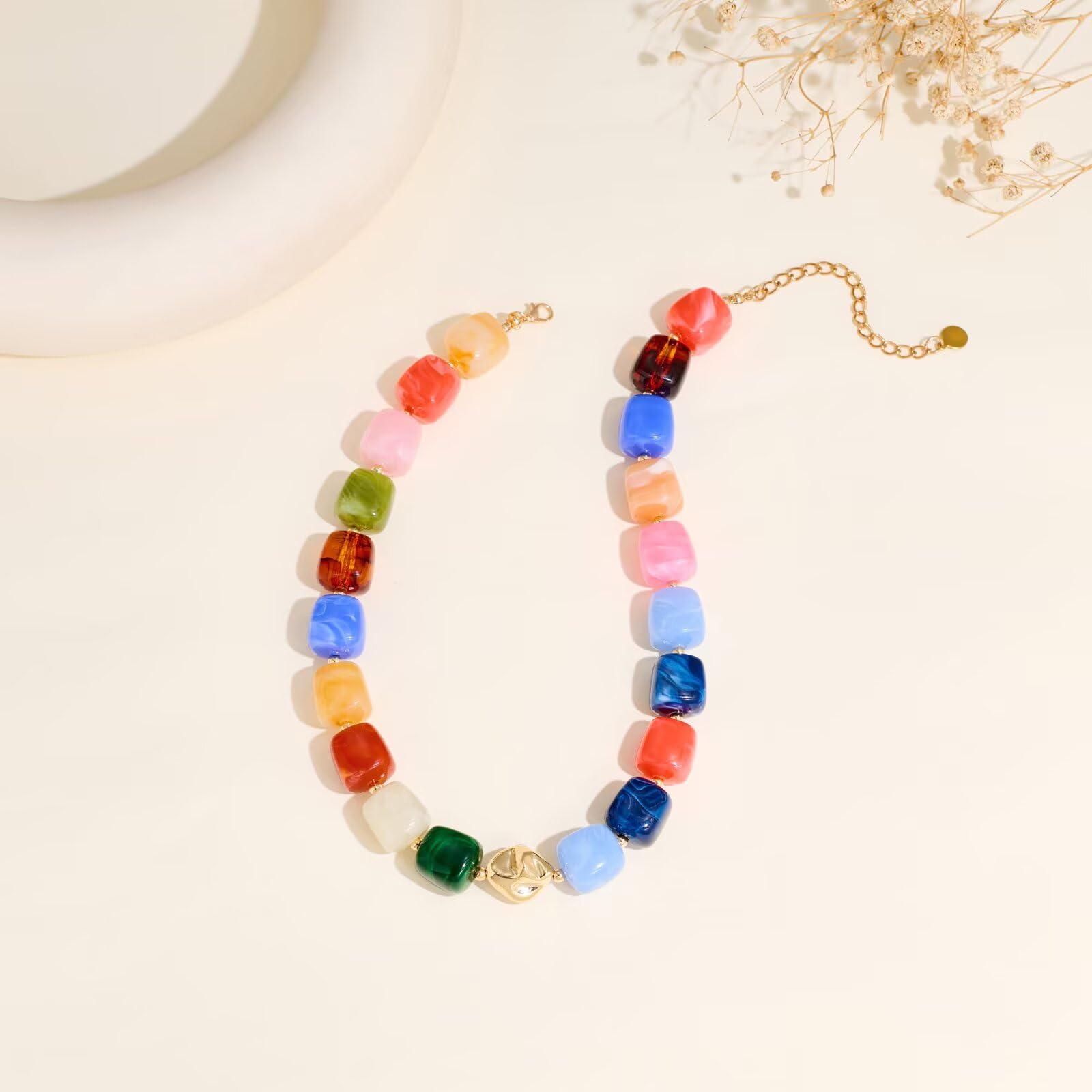 Colorful Chunky Necklaces for Women Multicolored Large Square Acrylic Beads Necklace Trendy Bold Statement Beaded Necklace Summer Vacation Choker Jewelry — view 2