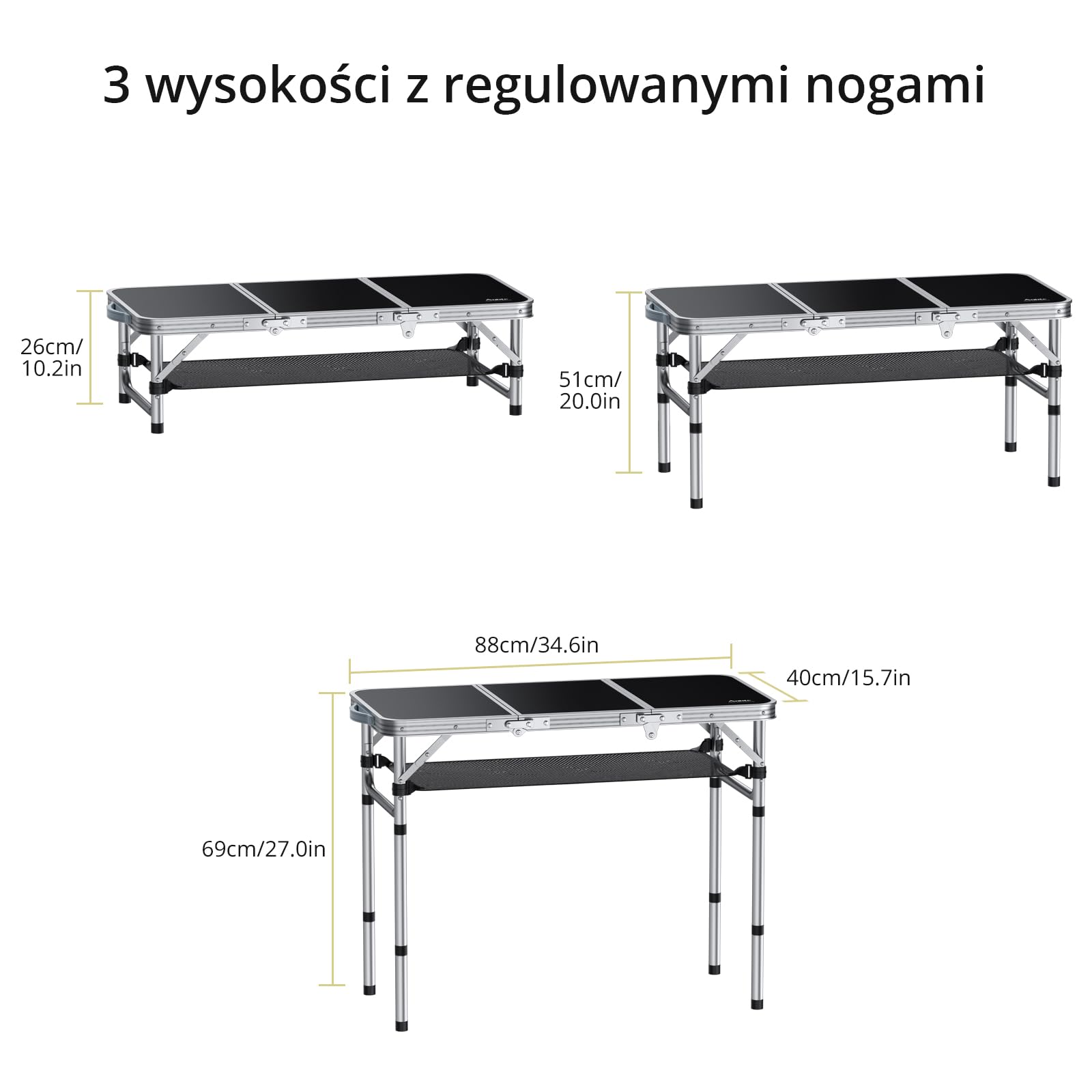 Anbte stoły kempingowe Aluminiowy Składany stół 88x40cm (dł. x szer.) z 3 regulacją wysokości idealny do kampera, pikniku, z torbą do przechowywania Przenośny stolik walizkowy stół grillowy (czarny)