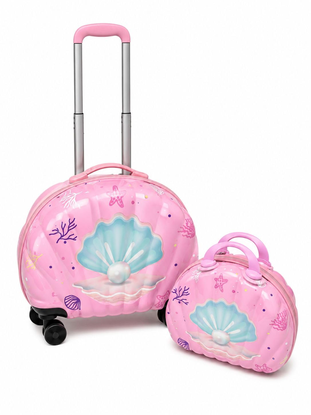 Cute Shell Design Pearl Print Trolley Suitcase with Handbag for Children with Good Capacity with Roller Wheels, 2 Pieces,Pink-image-6