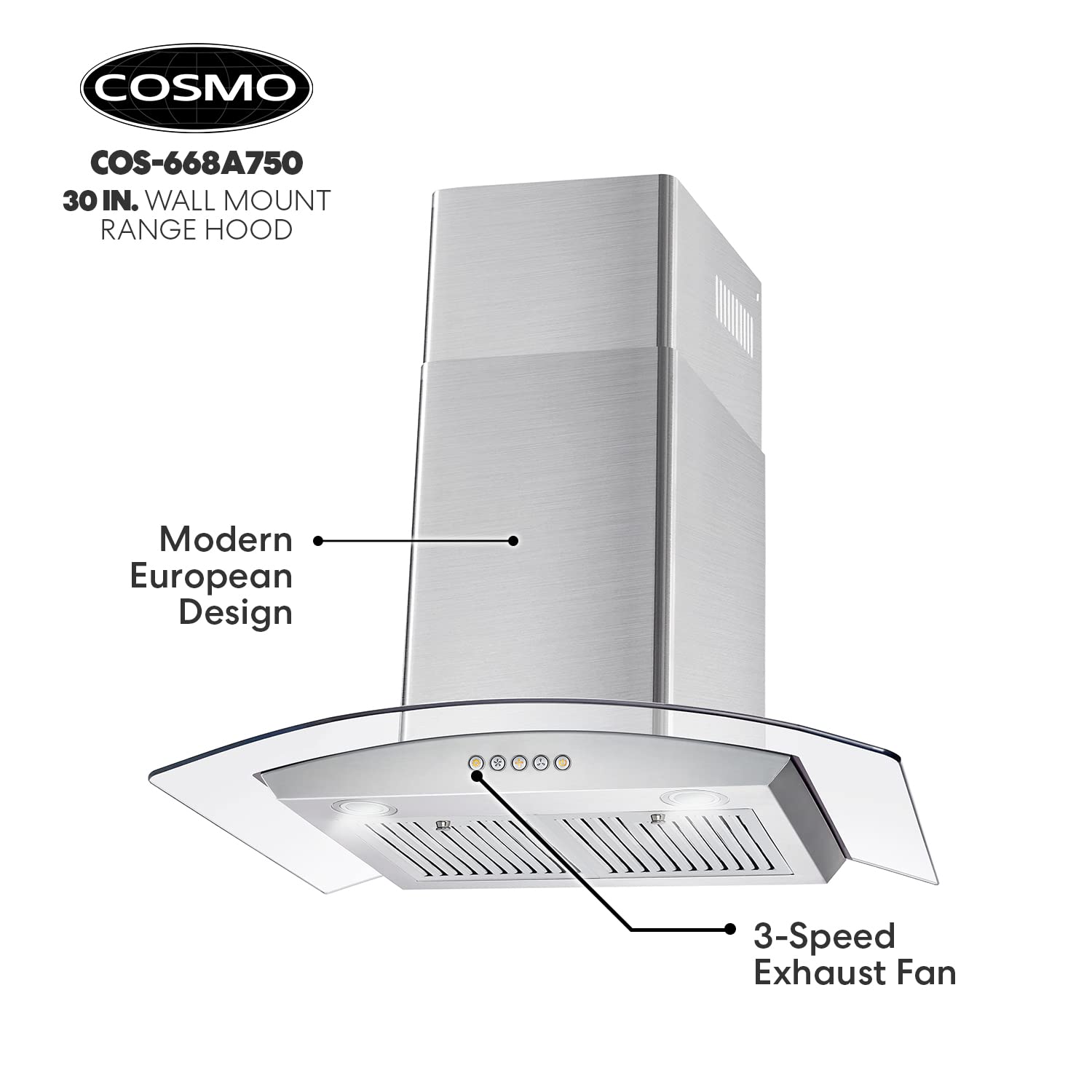 Cosmo 668A750 30in WallMount Range Hood 380CFM Ducted / Ductless
