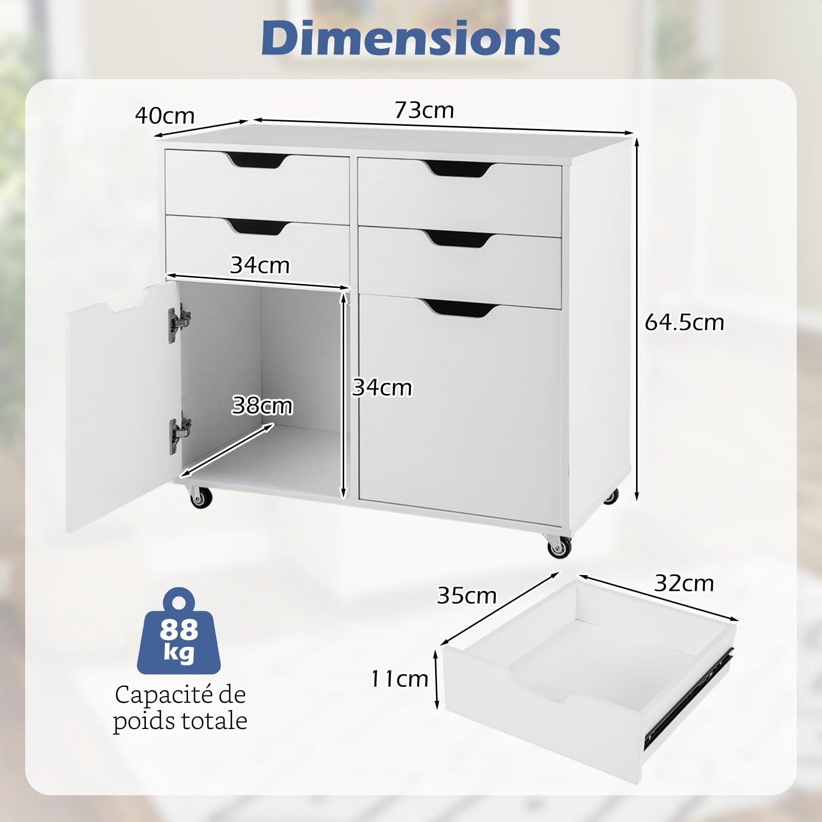 GIANTEX Caisson Bureau Mobile à 4 Tiroirs avec 2 Portes, Caisson Tiroir avec 5 Roulettes Universelles, Poignées Découpées, Meuble Tiroir Rangement Moderne pour Chambre, 73 x 40 x 64,5 cm, Blanc
