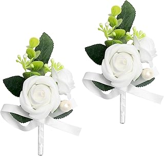 2 Stück Boutonniere Hochzeit, Ansteckblume Bräutigam Braut mit Nadel und Clip, Künstliche Rosen Hochzeitsanstecker, Anstecknadel Herren Anzug Weiß für Trauung Party Jubiläum Abschlussball