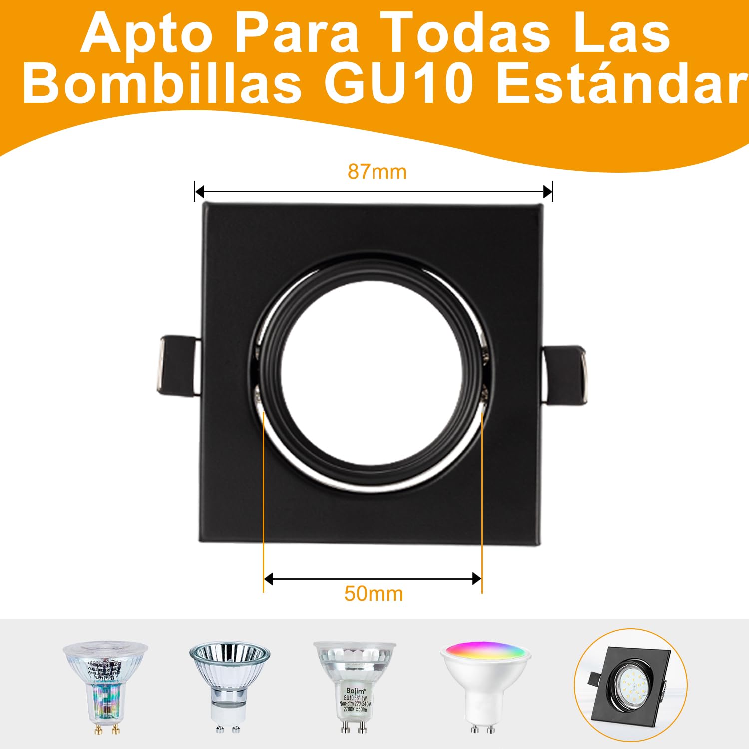 Bojim Ojos de Buey Marco Alogenos LED Foco Empotrable Techo GU10, Aros Focos Halogenos Empotrado Orientable Negro Cuadrados Empotrar GU 10 Agujero 68mm - 85mm 10 Pack, Sin Bombilla