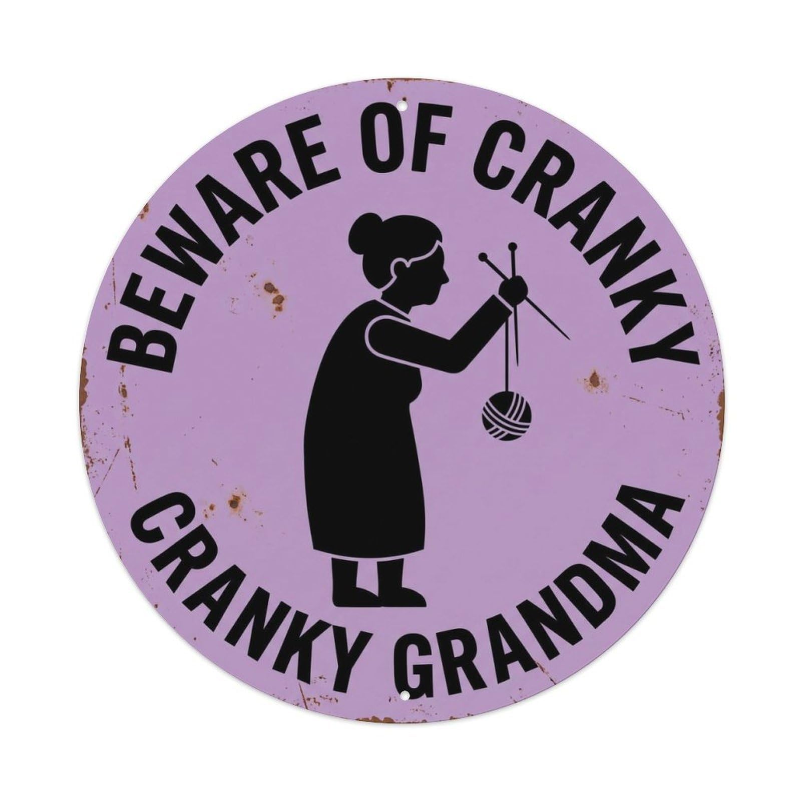 Vintage Funny Beware Cranky Grandma Warning Metal Tin Sign