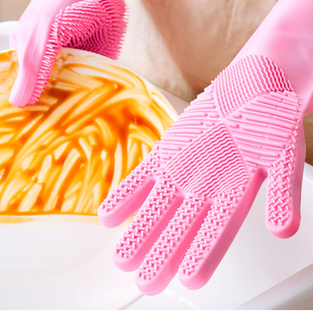 Geschirrhandschuhe, Reinigen Silikon-Spülhandschuhe, Silikon Handschuhe, Magische Handschuhe, Gummi-Handschuh für die Haushalt, Hitzebeständige Handschuhe für Küche, Bad, Auto ( Pink, 1 Paar, Groß ) Drogerie & Körperpflege