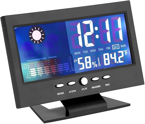 Reloj digital de pronóstico del tiempo con gran pantalla LCD de humedad, temperatura, visualización de hora, agujeros para colgar y soporte, reloj