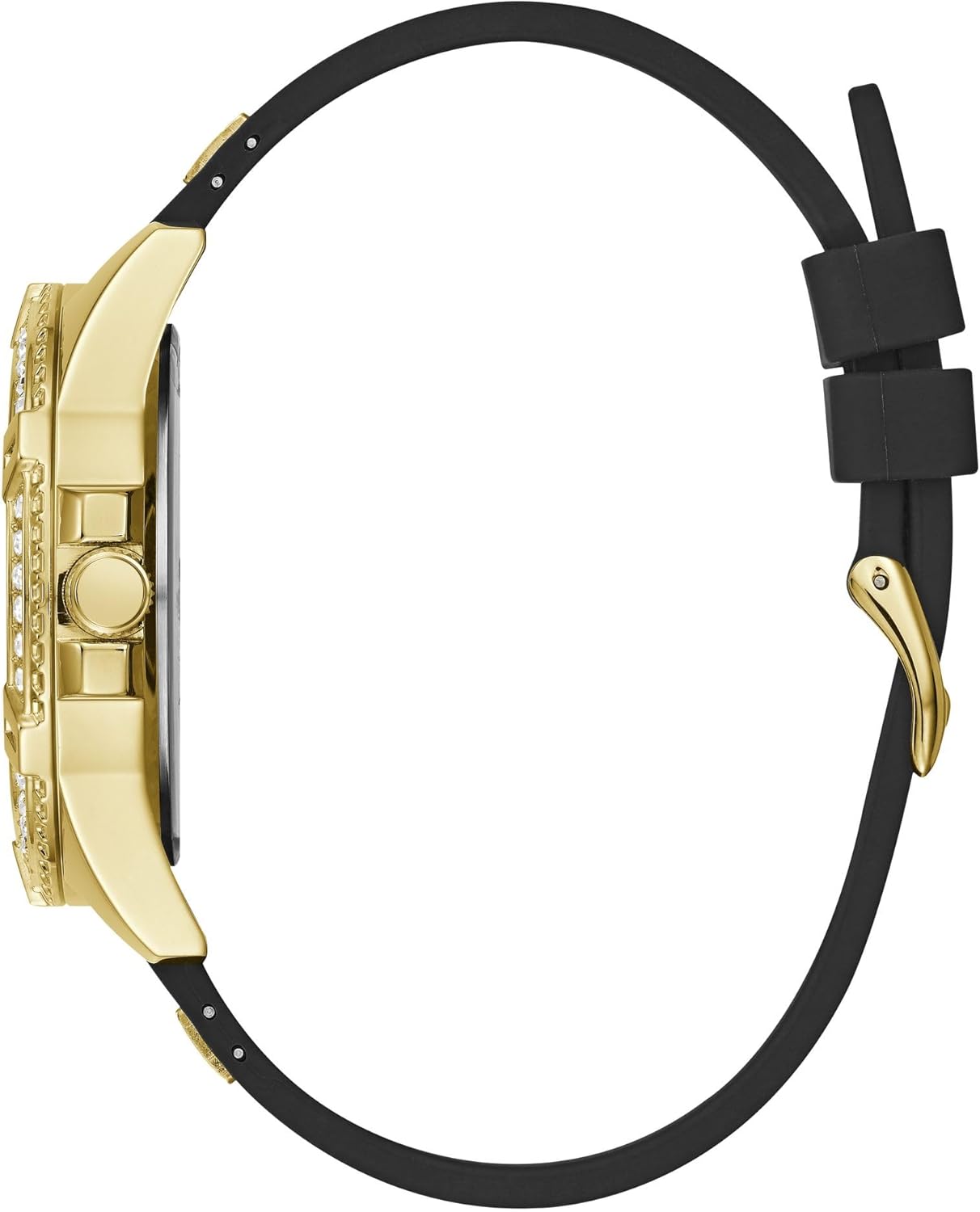 Guess Gold-Tone Stainless Steel Crystal Encrusted Dial with Black Stain Resistant Silicone Watch