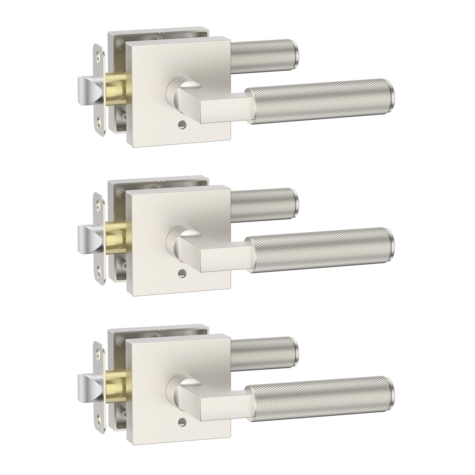 Photo 1 of Amerdeco 3 Pack Privacy Door Handles, Brushed Satin Nickel Interior, Knurled Lever, Heavy Duty for Bedroom and Bathroom, Reversible Keyless for Right & Left Side AM0021