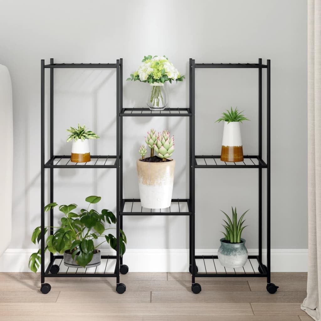 Blumenständer mit Rollen 83x25x83,5 cm Schwarz Pflanzenregal aus Eisen Metall Pflanzenständer Eckpflanzenregal Blumentreppe für Indoor Wohnzimmer Balkon und Garten