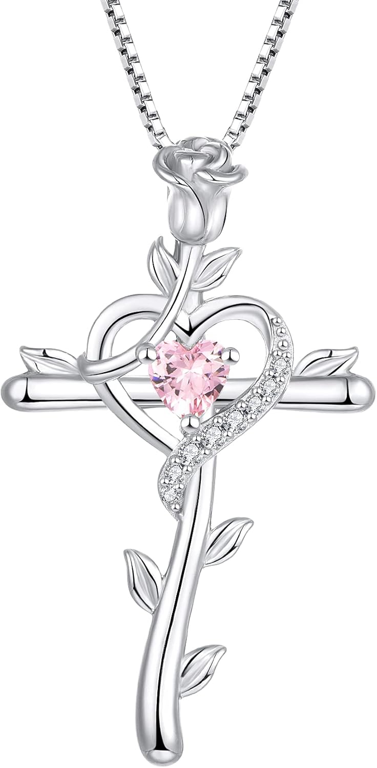 starchenie Cross Necklace 925 Sterling Silver Heart Birthstone Rose Crucifix Pink Zirconia Pendant Jewelry Gift for Women