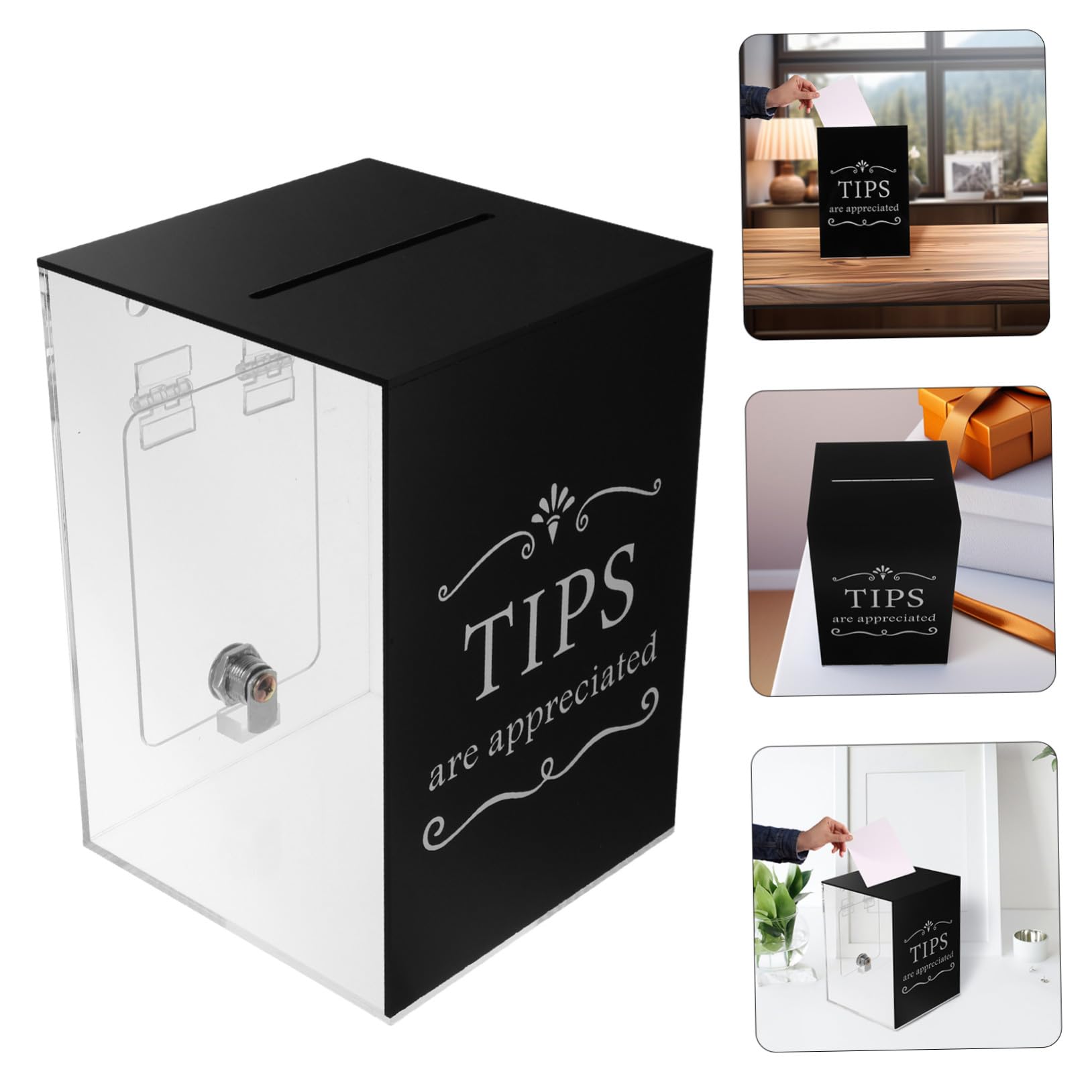 TEHAUX Caja de Propinas Contenedor Moderno de Acrílico Negro con Cerradura Segura que Previene Accesos No Autorizados para Restaurantes y Otros Lugares
