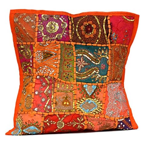 Amazingindiaonline An Ethnic Embroidery Sequin Patchwork Throw Pillow Cases Cushion Cover (Orange) Cover
