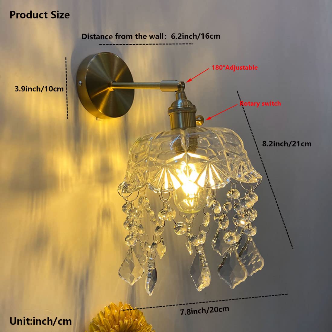 Applique Vintage da Parete con Paralume in Vetro, lampade Moderne e Creative con Attacco E27, lampade in Ottone per Camera da Letto, Bagno, Stile Rustico, Soggiorno, toeletta.