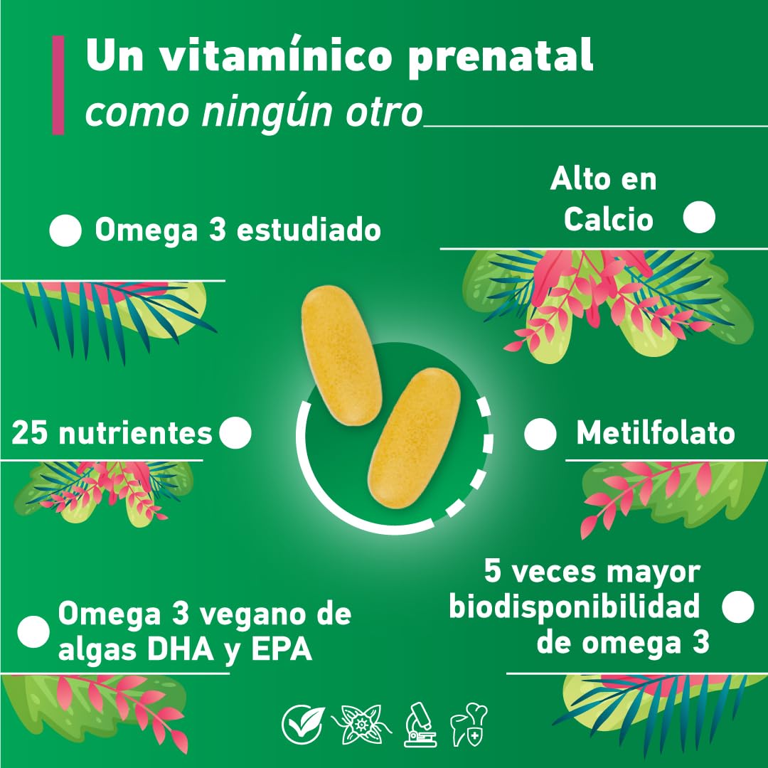 APOKRA Vitaminas Prenatales | 25 Nutrientes con Omega 3, Acido Folico Embarazo (Metilfolato Quatrefolic), Omega 3 Vegano y Ácido Fólico Alta Absorción, 60 Comprimidos