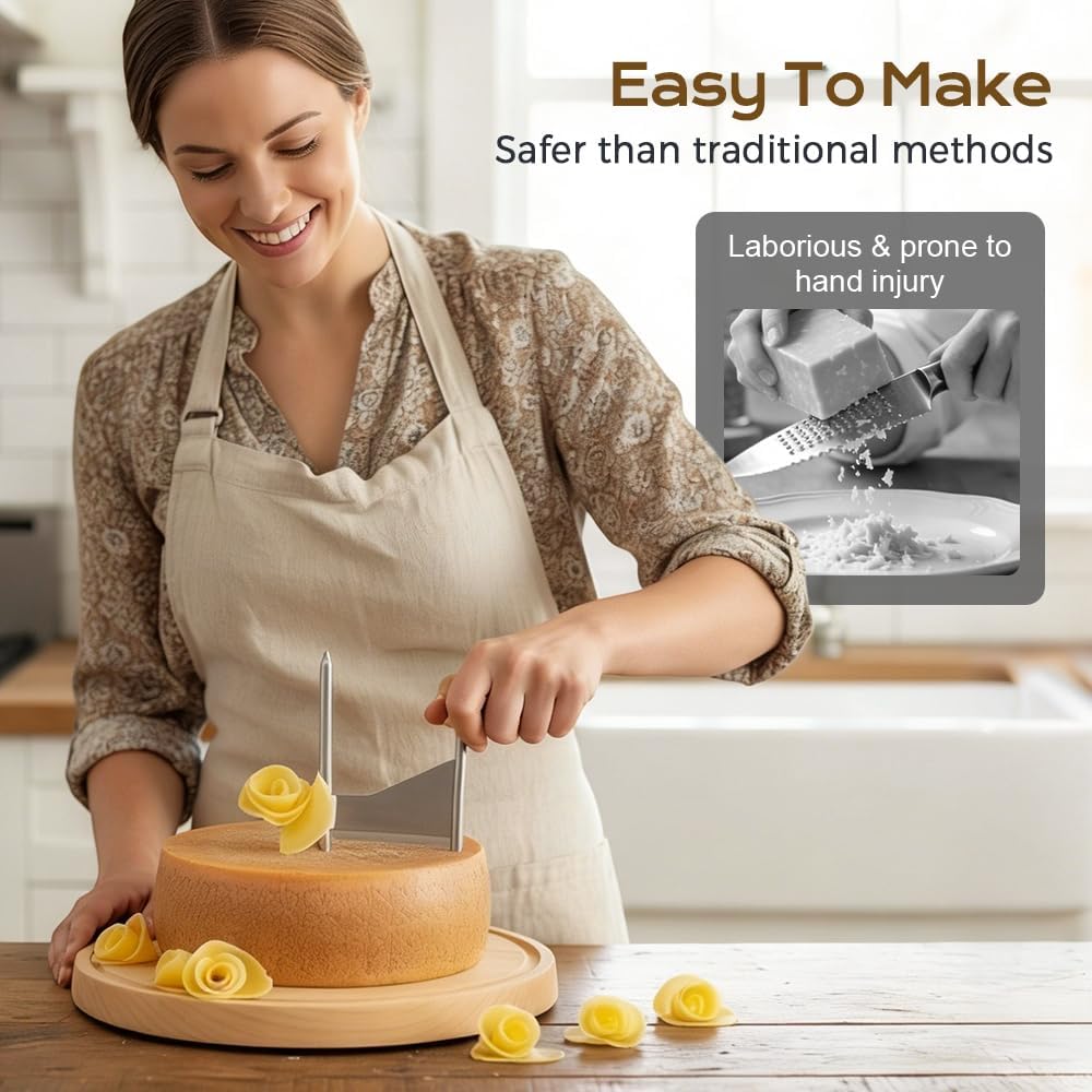 Cheese Curler Wheel, 2026 New Stainless Steel Cheese Slicer, Sharp Blade Cheese & Chocolate Shaver with Wooden Base, Create Cheese Rose Flowers (With Cover)
