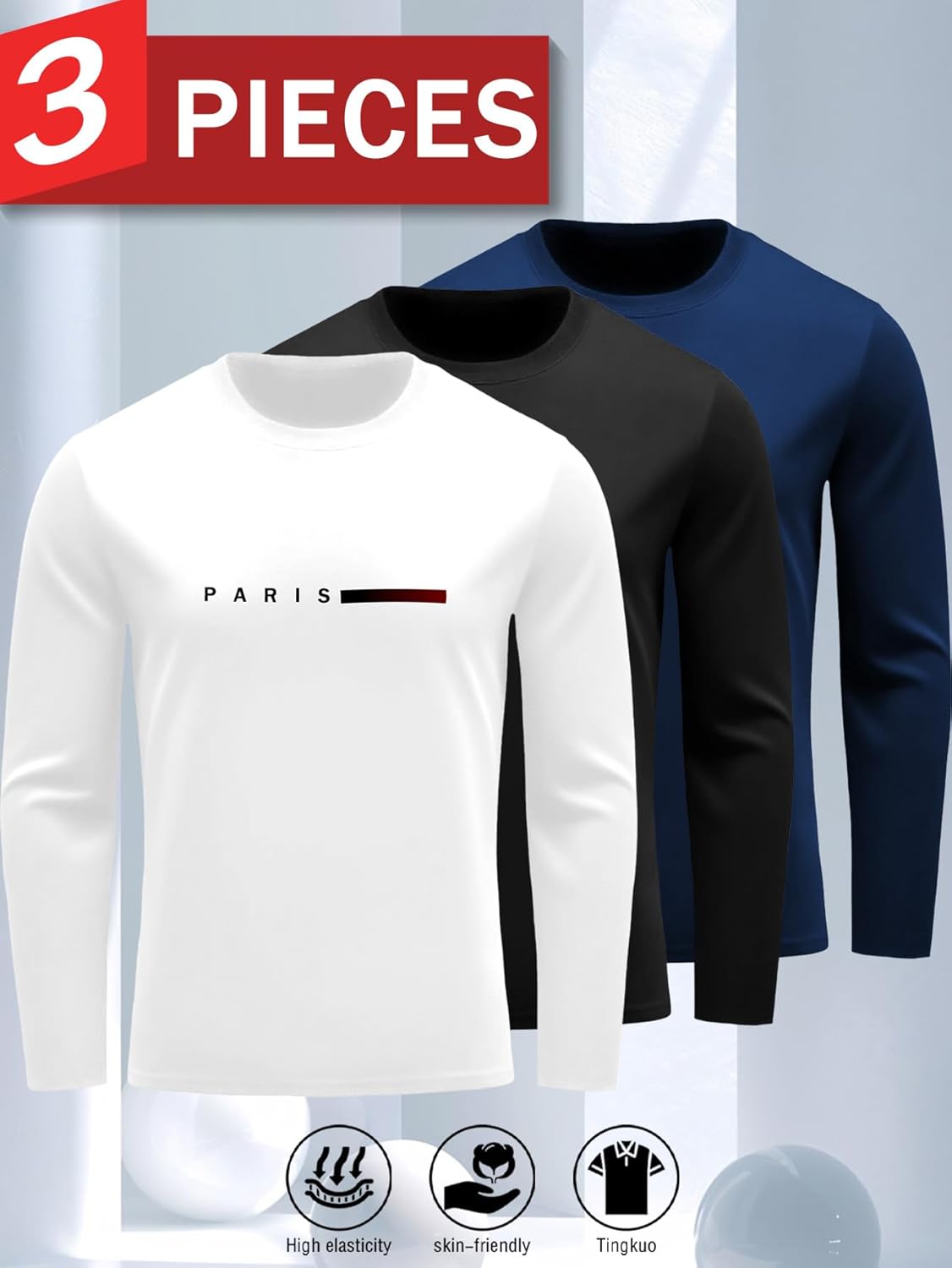 Men's Long Sleeve T-Shirt with Paris Print, Breathable Cotton, 3 Prak - Image 4